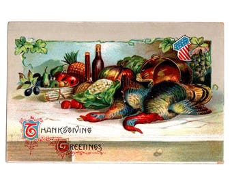 Antique Thanksgiving Postcard, 2 Dead Turkeys, Wine, Fruits and Vegetables, Patriotic Greetings - 19477c