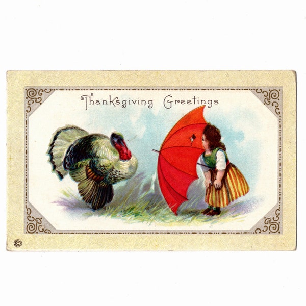 Antique Thanksgiving Postcard, Girl Peeking at a Turkey Thru a Parasol, Stecher Lithograph - 18502