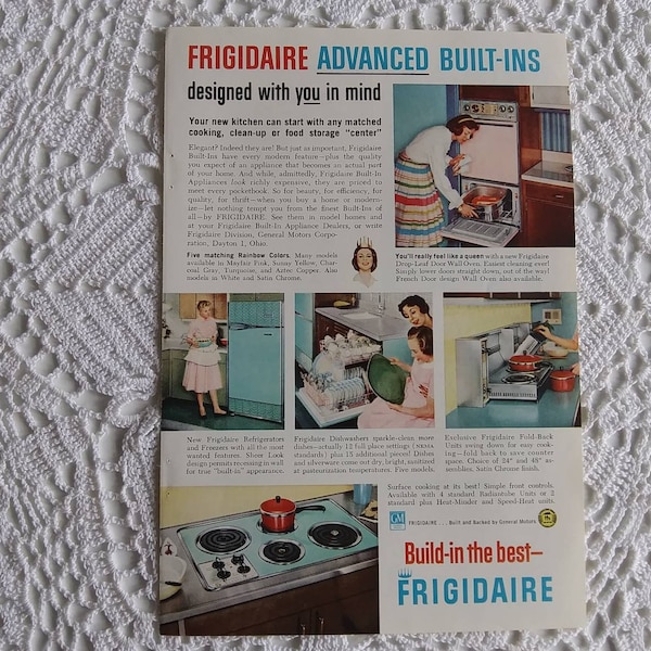 Great Vintage 1959 Frigidaire Built-In Kitchen Appliance Magazine Ad, Blue Fridge, Pink Oven, Red Club Saucepans - 17348c