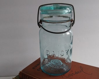 Antique Aqua Daisy Pint Size Canning Jar with Wire Bail, F. E. Ward Company, Food Preserving and Glass Kitchen Storage, Farm Decor - 17500c