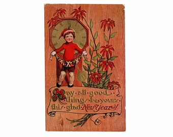 Antique New Year Postcard, Boy with Clock and Fruit and Red Flowers, Unused - 19596Pb