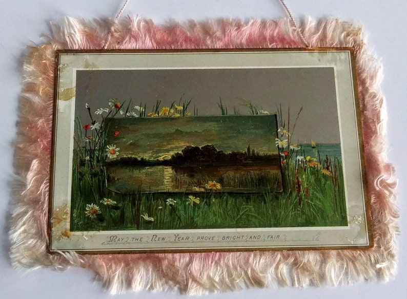 12280Pd Hildesheimer /& Faulkner Chromolithograph 2 Sided Antique Pink Silk Fringe Hanging Christmas Card