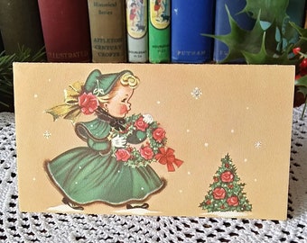 Vintage 1957 Christmas Card, Cute Girl Carrying Wreath, Norcross Christmas Rose, Used - 16284e