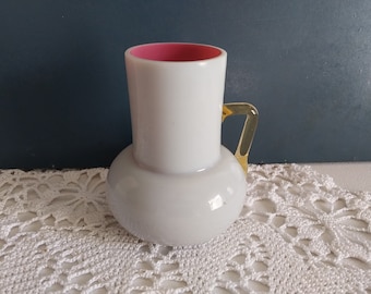 Vintage Pink Cased Custard Glass Vase with Applied Clear Amber Handle - 18482f