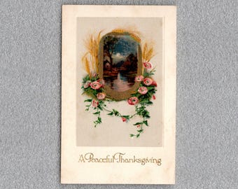 Antique Thanksgiving Postcard, Gold Gilt Frames Cottage Scene, Wheat and Pink Flowers, Unused - 20507P