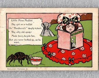 Antique Postcard, Little Miss Muffet and Spider, Needlecraft Magazine, Artist Signed F. C. Hardy, Used - 17602b