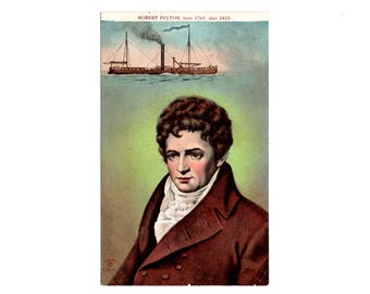 Antique Robert Fulton Postcard, Portrait and Steamer Clermont, Unused Paul Sander - 20226Pa