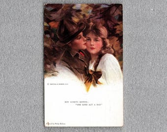 Antique Philip Boileau Romance Postcard, Boy Scout and Pretty Girl, Renthal Newman - 19743a