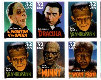 10 Movie Monsters Unused US Postage Stamps, 32 Cents Each, Dracula Wolf Man, Vintage Craft Supply - 20511