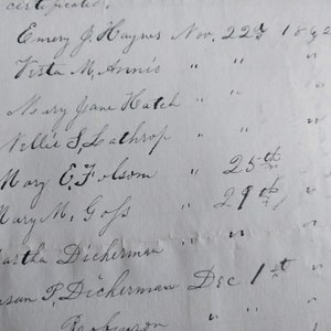 May include: A handwritten list of names and dates, likely from a historical document. The list includes names like Emery J. Haynes, Vista M. Annis, and Mary C. Folsom, with dates in November and December of 1892.