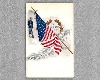 Antique Patriotic Postcard, American Flag with Soldier, In Memoriam, Artist Signed Green - 20286