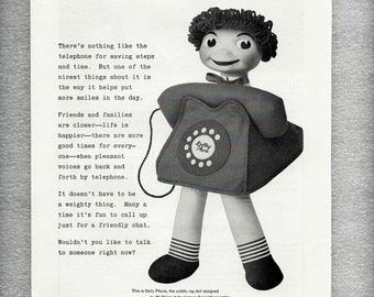 Vintage 1957 Bell Telephone Dolly Phone Doll Magazine Ad, Full Page Advertisement, Ready to Frame Wall Decor - 14972Ei