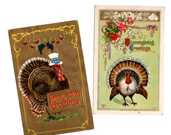 2 Antique Thanksgiving Postcards, Patriotic Tom Turkeys, Used Scatter Cards - 20505