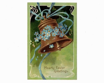 Antique Easter Postcard, Art Nouveau Bell with Blue Forget Me Nots, Paul Finkenrath - 18391f