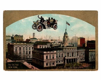 Antique New York City Fantasy Postcard, City Hall View with Flying Car Above - 19950a