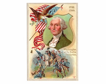Antique President George Washington Patriotic Postcard, Princeton Battle on Horse, Flag and Eagle - 20138