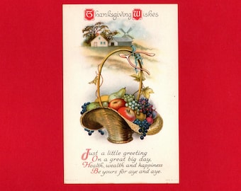 Vintage Thanksgiving Postcard, Ellen H. Clapsaddle, Basket of Fruit, Windmill, Wolf Post Card - 19381Pb