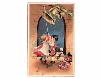 Antique Hungarian Christmas Postcard, Children Ringing the Tower Bell, Used in Hungary - 19128c