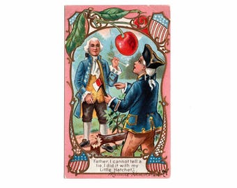 Antique Patriotic Postcard, George Washington and His Father, I Cannot Tell a Lie, Cherry Tree - 20126