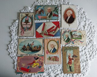 9 Antique Patriotic Postcard for Crafts, Creased and Damaged, Scatter Cards for Display, Washington Firecrackers - 18546P