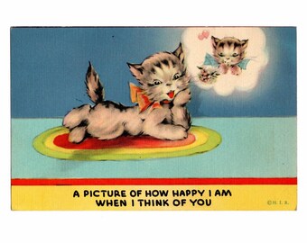 Vintage 1941 Linen Postcard, Kitty Cat Being Happy Thinking of You, Used - 20130