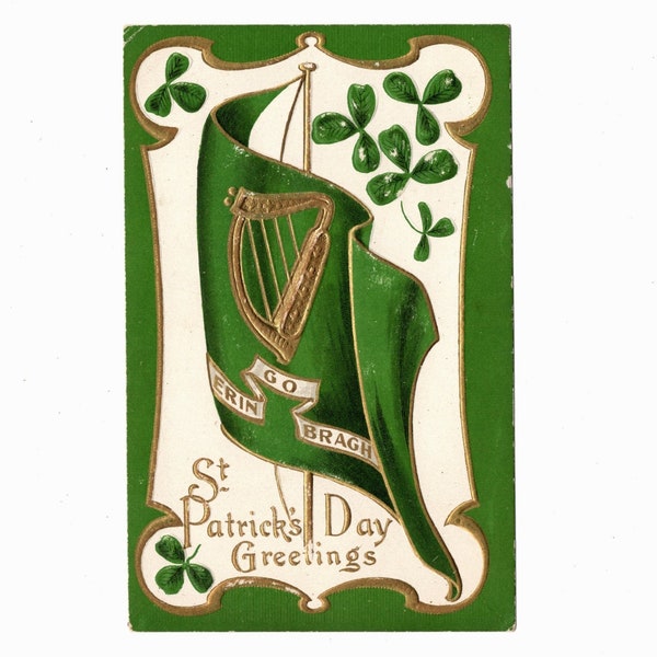 Antique St. Patrick's Day Postcard with Irish Flag, Erin Go Bragh, Green Shamrocks, Meissner and Buch, Leipzig Germany, Unused - 18507