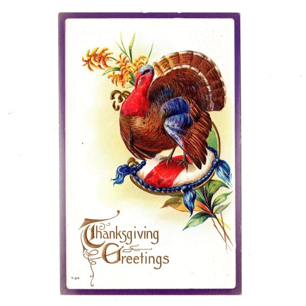 Antique Patriotic Thanksgiving Postcard, Turkey Setting on Red White and Blue Pillow, Embossed Unused - 18113a