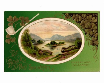 Antique 1910 St. Patricks' Day Postcard, Upper Lake, Killarney, Ireland, Gold Shamrocks and Pipe, Used - 18537