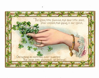 Antique St. Patrick's Day Postcard, Ladies Hand Holding Green Shamrocks, Raphael Tuck Series 172, Used - 18542