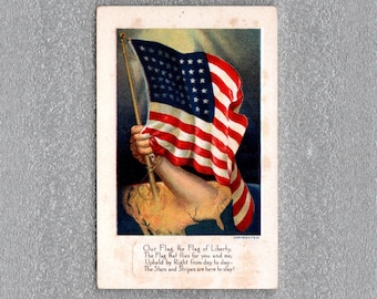 Patriotic Postcard, Hand Holding American Flag with Map, Stars and Stripes Are Here To Stay - 20284