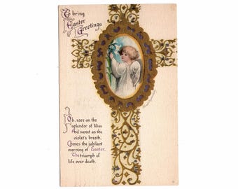 Antique Religious Easter Postcard, Angel in Gold Filigree Cross, Ellen H. Clapsaddle Signed - 19865Pa