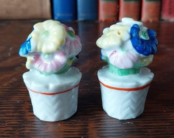 Vintage Flower Pot Salt and Pepper Shakers, Hand Painted German Porcelain - 19212d