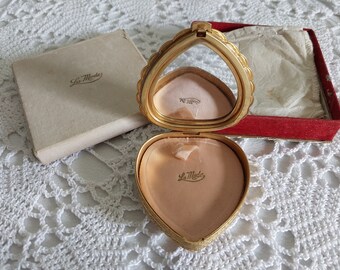 Unused Vintage La Mode Powder Compact in Original Velvet Box, Gold Heart Shaped with Mirror - 18547