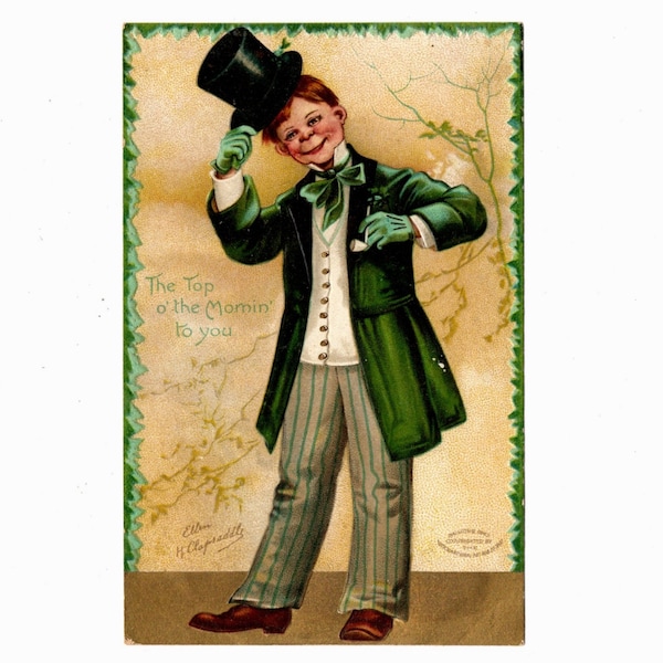 Vintage St. Patrick's Day Postcard, Signed Ellen H. Clapsaddle, Boy in Green Suit Tipping His Top Hat, IAPC - 18563