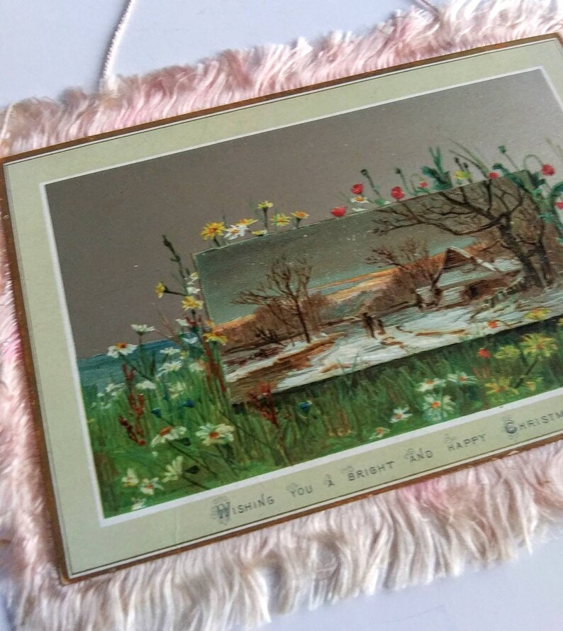 12280Pd Hildesheimer /& Faulkner Chromolithograph 2 Sided Antique Pink Silk Fringe Hanging Christmas Card