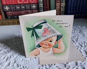 Vintage Charlot Byj Unused Please Write Card with Envelope, Cute Whipper Snappers Baby with Lamp Shade on It's Head - 17843b