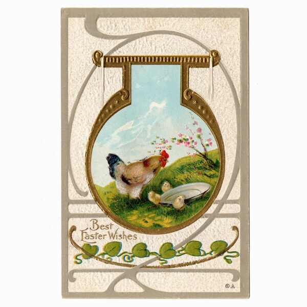 Antique Art Nouveau Easter Postcard, Hen and Her Baby Chicks, Edward Nash, Unused Gold Gilt - 17403Pc