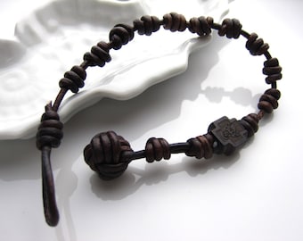 Knotted Men Leather Rosary Bracelet, Monkey fist knot, Wooden Cross bead, Handmade leather rosary, Boho jewelry