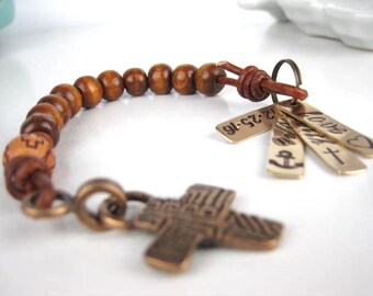 Chaplet, Leather chaplet, Wood bead chaplet, Pocket Rosary, Mens Chaplet, Personalized stamped tags, Personalized chaplet