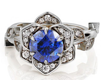 RUDRAFASHION Round Cut Created Blue Sapphire Engagement Wedding Lotus Flower Ring in 14K Yellow Gold Plated RUDRAFASHION Round Cut Created Blue Sapphire Engagement Wedding Lotus Flower Ring in 14K Yellow Gold Plated