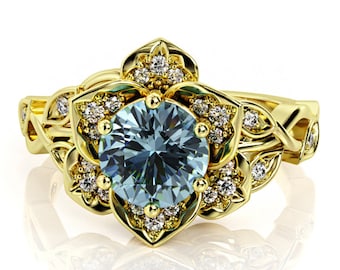 Lotus Engagement Ring, Aquamarine Engagement Ring, Gold Ring, Vintage Aquamarine Ring, 3946