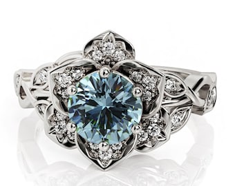 Lotus Engagement Ring, Aquamarine Engagement Ring, White Gold Ring, Vintage Aquamarine Ring, 3946