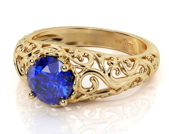 Edwardian Sapphire Engagement Ring: 14K Rose Gold Filigree