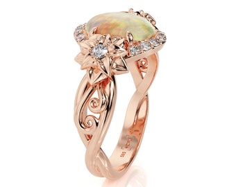 Opal engagement ring, Flower Engagement Ring, Opal Flower ring, Unique engagement ring, Opal leaves ring, Rose Gold Opal ring, 2072