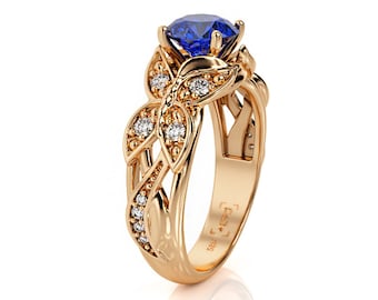 Anillo de compromiso con mariposa de zafiro: oro rosa de 14 quilates, detalles de moissanita