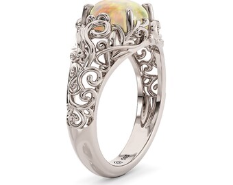 Australian Opal Filigree Ring: 14K White Gold Engagement Ring