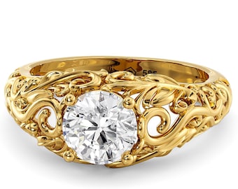 Vintage 14K Gold Filigree Engagement Ring: 1ct Moissanite