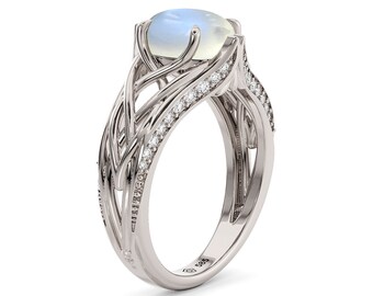 Oval Moonstone Engagement Ring: 14K White Gold Celtic Moissanite Ring