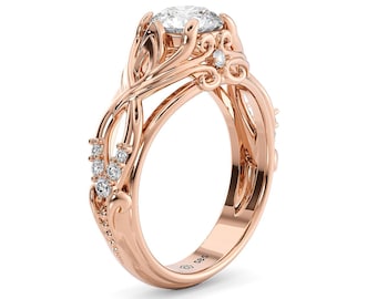 Filigree Moissanite Engagement Ring: Handmade 14K Rose Gold Vintage Ring
