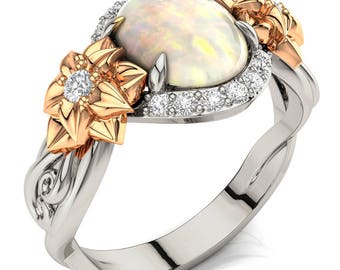 Opal Flower Engagement Ring: Two-Tone 14K Gold Leaves Ring